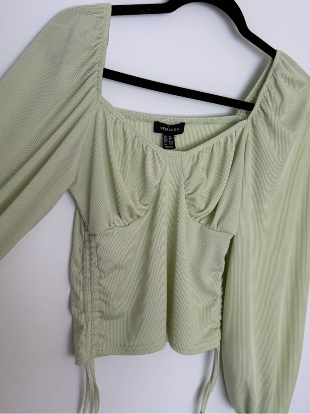 New Look Light Sage Ribbed Long Sleeve Crop Top with Ruched Sides